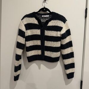 Zara Women's Navy Blue and Cream Striped Cardigan